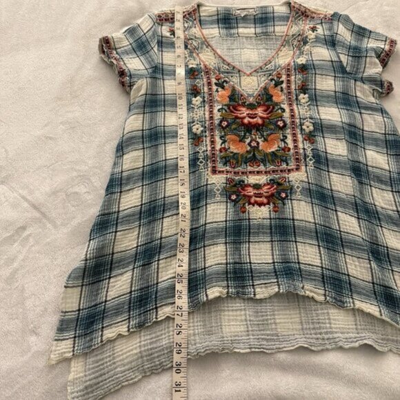 Johnny Was Workshop Juliene Estelle Floral Embroidered Plaid 90s Y2K Top Large - Picture 11 of 13